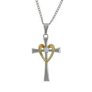 Sterling Silver 925 Gold Plate Cross Heart Cubic Zirconia Accent Pendant ONLY